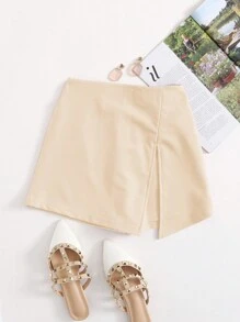 SHEIN EZwear 大码纯色简约开衩下摆裤裙，日常休闲穿着 - 杏色 - 查看 1