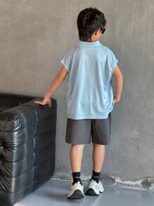 青少年男孩韩版休闲马球领短袖上衣和短裤套装 - 淺藍色 - 查看 3