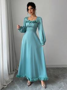 Modelyn Solid Color Square Neckline Ruffled Decor Cinching Waist Dress Maxi Women Outfit Long Evening Dresses - Green - View 1