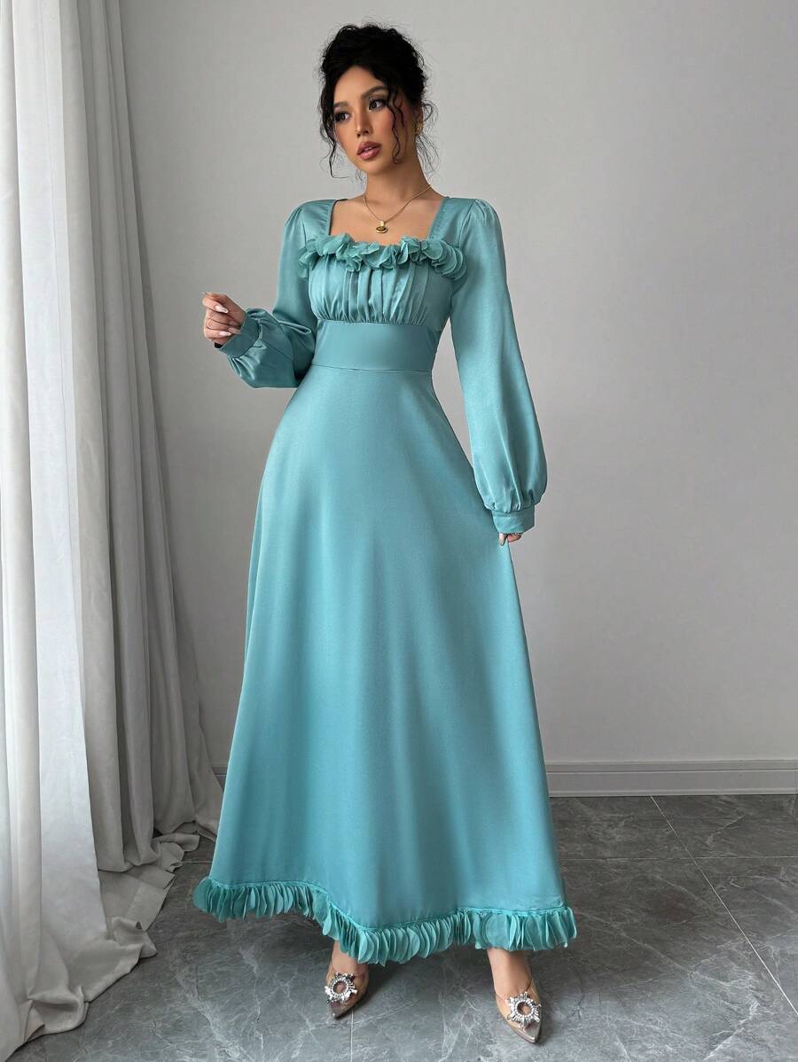 Modelyn Solid Color Square Neckline Ruffled Decor Cinching Waist Dress Maxi Women Outfit Long Evening Dresses - Green - View 1