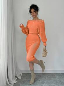 Chiquease New Knitted Button Women's Lantern Sleeve Sexy Slim Casual Sweater Dress - Orange - View 5