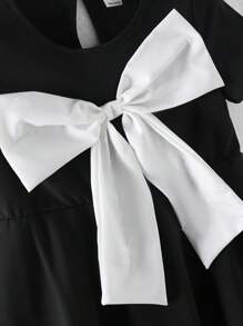 SHEIN 女孩优雅圆领短袖拼色 3D 蝴蝶结装饰高腰 A 字裙，夏季 - 黑色 - 查看 7