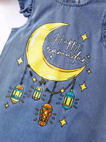 SHEIN 年轻女孩蓝色牛仔盖袖月亮灯笼印花修身连衣裙 - 淺色水洗藍 - 查看 6