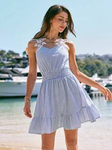 SHEIN VCAY Blue And White Stripe Summer Boho Vacation Holiday Ruffle Hem Mini Dress For Women,Beach Outfits,Valentine's Day,Festival,,Tropical Carnival - Blue and White - View 1