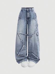 SHEIN Teen Girls Y2K Frayed Star Embellished Loose Blue Denim Jeans,Fall Back To School Clothes Outfits,Girl Denim Jeans Clothes