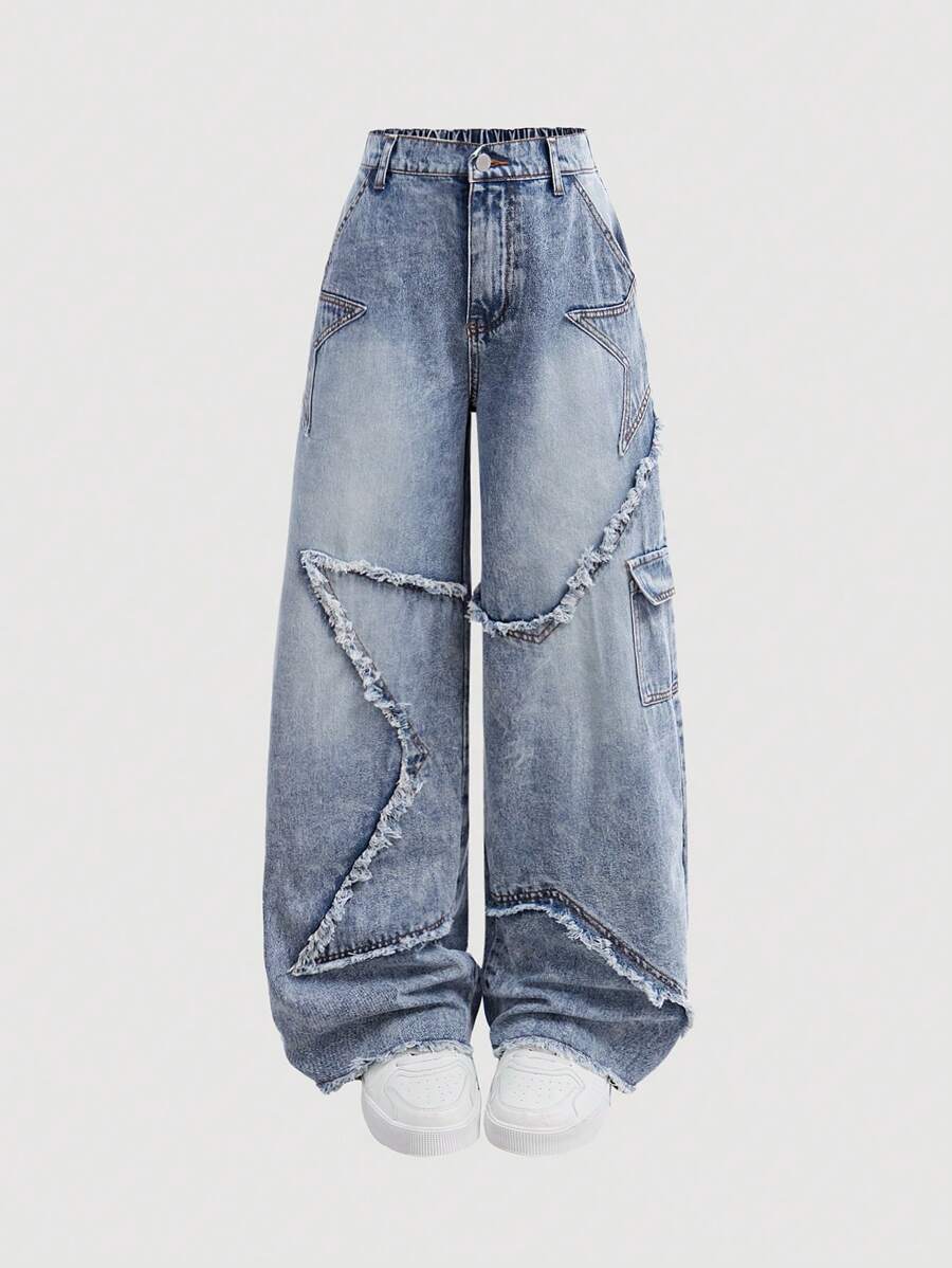 SHEIN Teen Girls Y2K Frayed Star Embellished Loose Blue Denim Jeans,Fall Back To School Clothes Outfits,Girl Denim Jeans Clothes