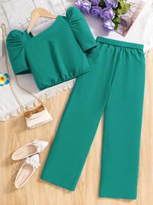 SHEIN 2pcs Tween Girls Ruffle Sleeve Shirt With Detachable Belt & Long Pants Set - Green - View 2