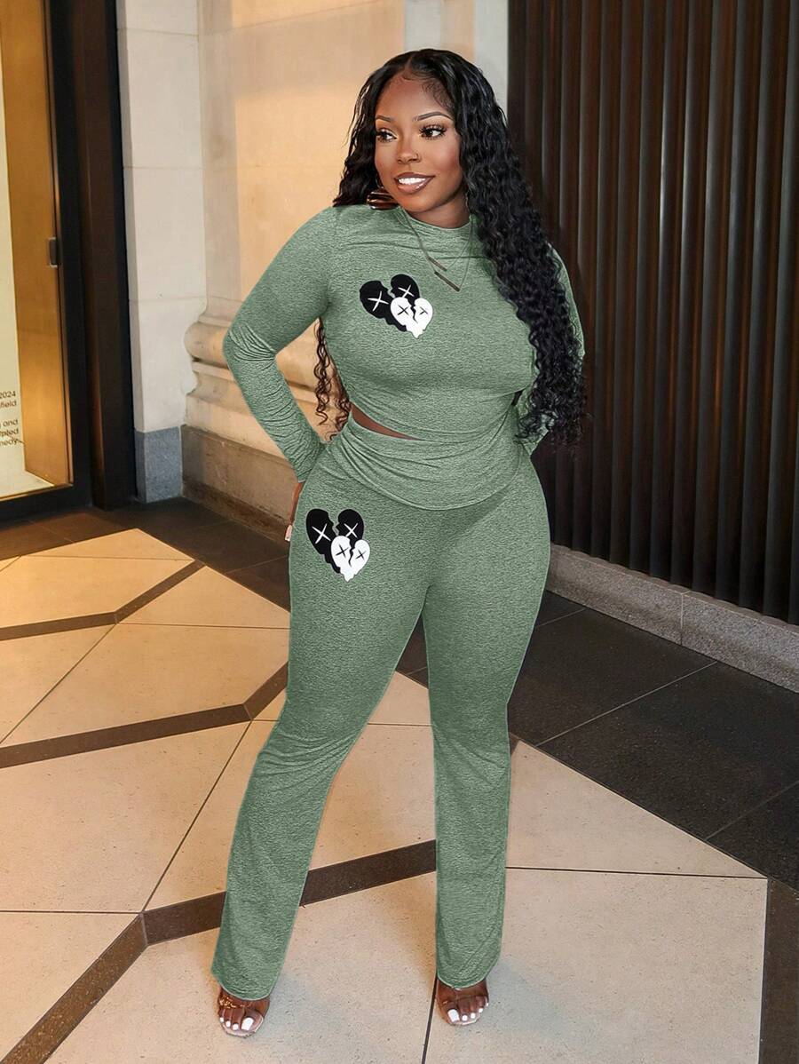 Slaydiva 2pcs Women Casual Basic Elegant Heart Print Long Sleeve Ruffle Blouse And Pants Set