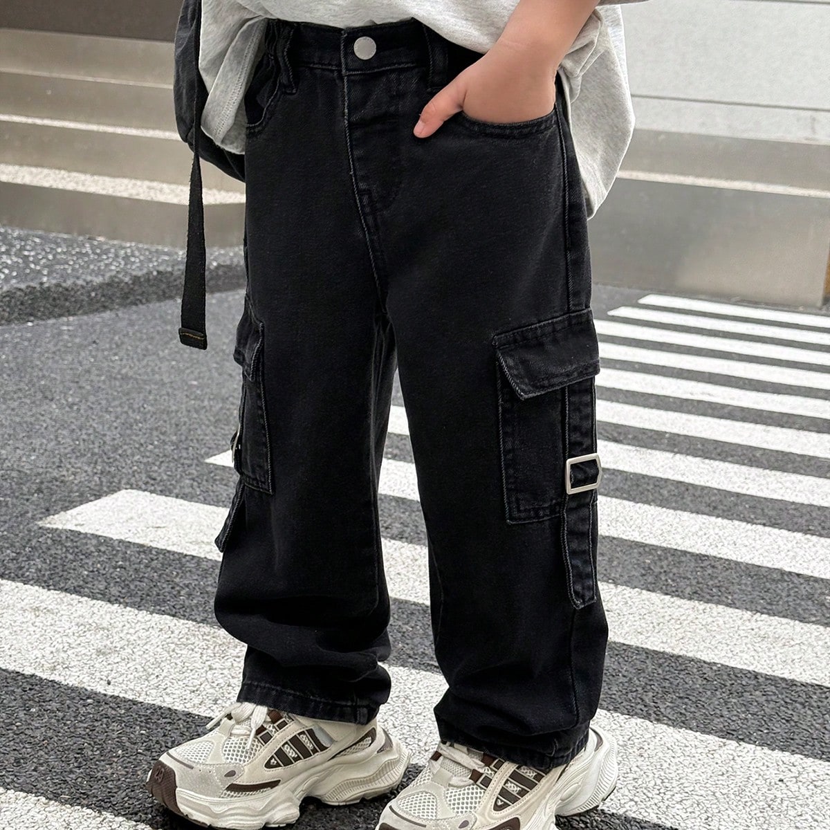 Pantalones vaqueros negros holgados y sueltos con bolsillo de carga, con efecto desgastado y lavado, de moda para niños, de ocio y versátiles para e