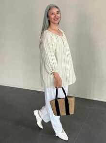 DAZY Blus Pullover Longgar Lengan Lentera Bergaris Vintage Kasual Artistik Serbaguna untuk Wanita - Biru - View 7