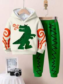 SHEIN 可爱小鳄鱼，喷火鳄鱼印花男婴休闲宽松舒适针织柔软连帽衫运动服 - 彩色 - 查看 2