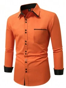 Manfinity Mode Men's Solid Color Buttoned Pocket Long Sleeve Casual Shirt, For Fall - Orange - View 5