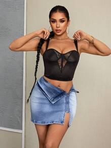 SHEIN SXY Sexy Party Asymmetric Zip Closure Denim Mini Skirt - Blue - View 6