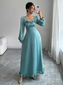 Modelyn Solid Color Square Neckline Ruffled Decor Cinching Waist Dress Maxi Women Outfit Long Evening Dresses - Green - View 5