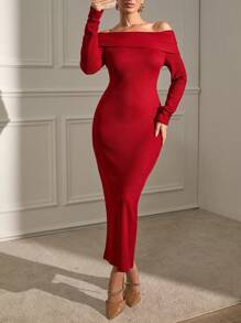 SHEIN Robe longue côtelée brillante à épaules Bardot