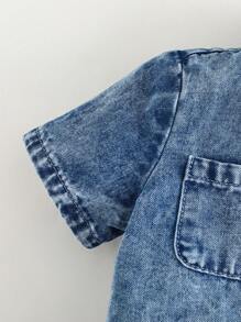 Cozy Pixies Conjunto informal de 2 piezas para bebé niño primavera-verano, camisa de bolsillos con parches azul lavado y pantalón corto vaquero ancho con cintura elástica, ropa de verano para bebé niño - Lavado ligero - Ver 8