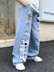 SHEIN Blugi largi și confortabili pentru băieți, la modă, pentru adolescenți, casual, decupați, rupți, design zdrențuit și cu ursuleț de cocos, capitolul ursuleț de cocos, albastru, din denim, pentru băieți, îmbrăcăminte zilnică moale și haine pentru copii Four Seasonsr - Albastru - Vizualizare 5