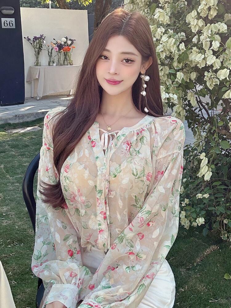 Neue Mode Frauen Loose Floral Muster Langarm Lässig Bluse für Sommer Boho