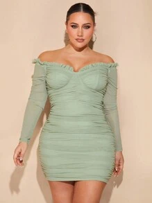 SHEIN BAE Plus Size Women Elegant Cute Date Off Shoulder Ruffle Trim Black Mesh Gathered Slim Fit Short Dress, Spring/Summer - Mint Green - View 7