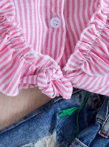 Babygirl Summer Casual Striped Ruffle Trim Tank Top - Pink - View 6