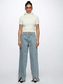 SUMWON WOMEN Vertical Striped Split Hem Jeans Retro Y2K Wide Leg Denim Pants Casual Street Style Spring Summer Fashion Statement Bottom - Baby Blue - View 2