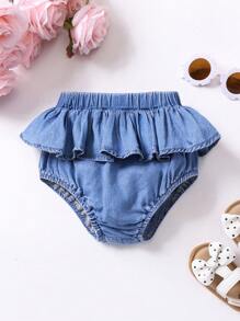 SHEIN 女婴浅蓝色牛仔裙 + 尿布套套装，女童春夏休闲度假波西米亚风家居服，女婴沙滩装 - 淺色水洗藍 - 查看 1