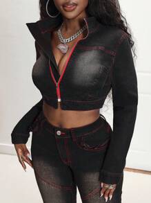 SHEIN Slayr Denim Party Sexy Fitted Short Spring Denim Jacket For Women - Black - View 2