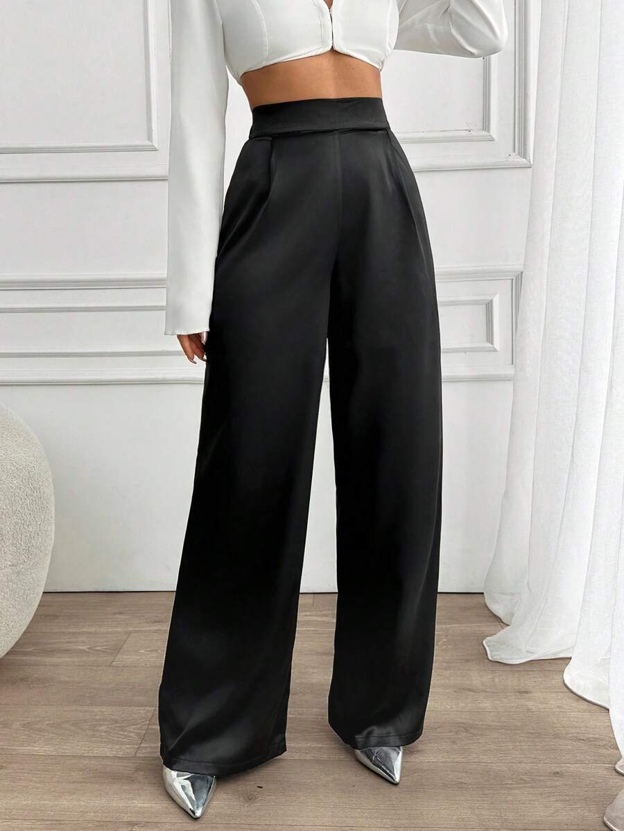 EURMUSE Women Solid Color Wide Leg Satin Fabric Pants - Black - View 1