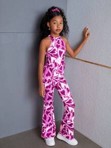 SHEIN Tween Girl Fitted Casual Heart Print Sleeveless Top And Flared Long 2 Pieces Set - Purple - View 3
