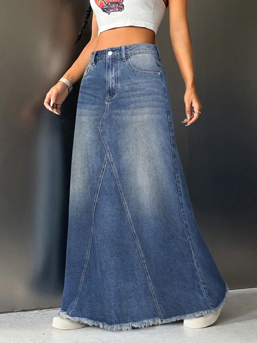 SHEIN ICON Chân váy denim, giản dị và thời trang cho trang phục hàng ngày - Rửa tối - Xem 1
