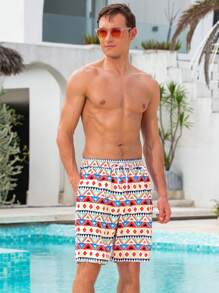 Surfspeed Men's Geometric Print Drawstring Pocket Beach Shorts Men Swim Trunks - Multicolor - View 4