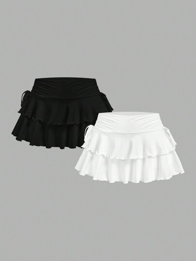 SHEIN MOD Set de 2 faldas de línea A con cintura fruncida, estilo minimalista y casual, adecuadas para conciertos, cruceros, clubes y salidas