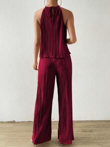 SHEIN Clasi 2 件套女士纯色细肩带吊带背心和休闲裤套装 - 酒紅色 - 查看 2