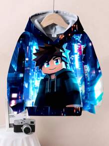 SHEIN Young Boys Casual Loose Comfortable Everyday Stylish Cyber Street Pixel Character Graphic Print Knitted Long Sleeve Sweatshirt,In Fall/Winter - Multicolor - View 1