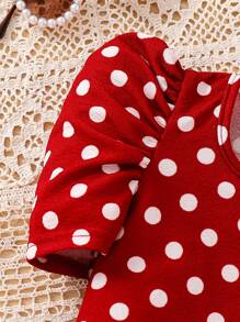 年轻女孩针织圆点方领休闲贴身 T 恤 - 紅色 - 查看 4