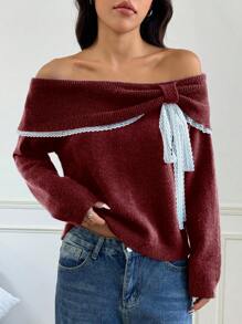 SHEIN Unity Women Open Shoulder Casual Cute Contrast Lace Cropped Off Shoulder Sweater Knit Pullover Fall Winter Sweater - Burgundy - View 5