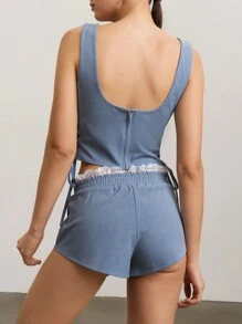 SHEIN Unity 2pcs/Set Women Solid Color Grommet Side Tie Cami And Shorts Set - Light Wash - View 2