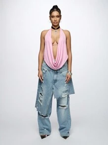 SUMWON WOMEN Wide Leg Distressed Jeans Y2K Fashion Double Waistband Ripped Boyfriend Style Raw Hem Street Wear Grunge Aesthetic Spring Summer Denim Pants - Baby Blue - View 2