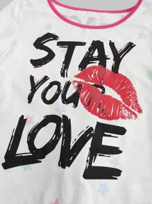 ROMWE Kawaii Blusa casual de cuello redondo de manga larga con ribete de contraste e impresión de letras, para uso diario