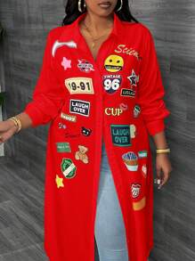 Slaydiva 大码女式休闲印花长袖衬衫裙