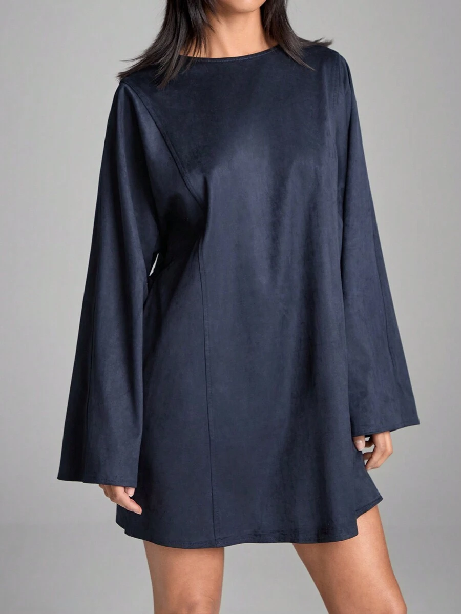 LYSMO 休闲宽松简约纯色长袖迷你连衣裙