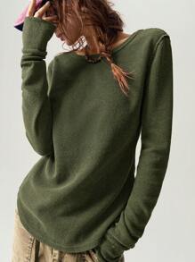 Bohemela 1 chiếc áo thun dài tay cổ tròn màu trơn đơn giản dành cho nữ - xanh quân đội - Xem 7