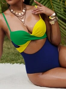 SHEIN Swim 1 pieza Traje de baño de una sola pieza de unicolor con tiras cruzadas, casual y para deportes de playa, para verano