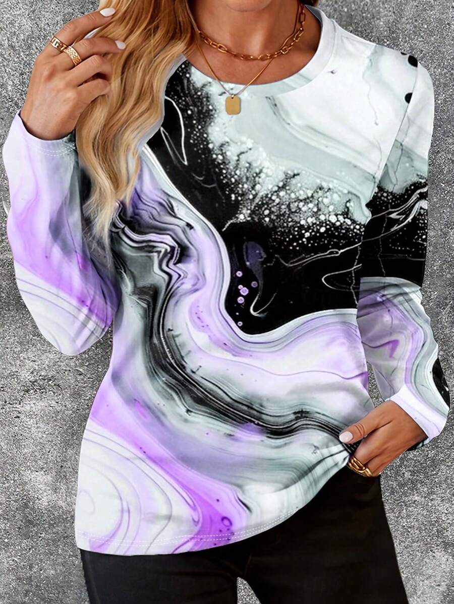 INAWLY 时尚大理石印花长袖T恤，秋季 - 彩色 - 查看 1