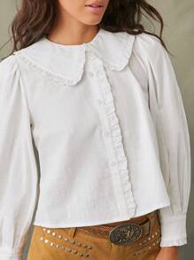 WESTFADE Puff Sleeve Ruffle Peter Pan Collar Long Sleeve Shirt