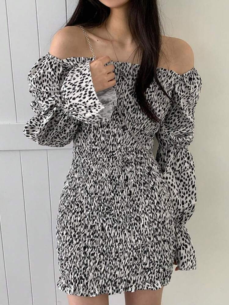 Off Shoulder Ditsy Floral Puff Sleeve Mini Dress For Women,Ruffle Cheetah Print,Fall Dress Long Sleeve Dress Boho