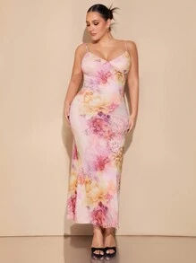 SHEIN BAE Plus Size Women Multi-Color Printed Cami Dress, Suitable For Dates,Valentines Dress,Office Women Outfits,Sexy Red Dress,Spring Women Outfits,Valentines Bow,Valentines Gift,Short Dress,Easter Girls Dresses,Brazilian Carnival,Princess Girls Dress,Bachelorette Party,Western Women Dress,Back To School Dress For Summer