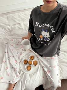 DAZY Set de 2 piezas de pijama de mujer con estampado de dibujos animados de manga corta y holgado, ropa de vuelta al colegio