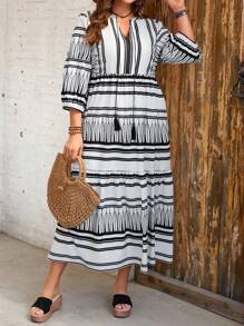 SHEIN LUNE Elegantes Maxikleid in Große Größen mit Fransen und Muster