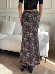 SHEIN EZwear Jupe crayon à imprimé léopard pour femmes, design minimaliste ajusté, décontracté et pour les vacances - Multicolore - Voir 2